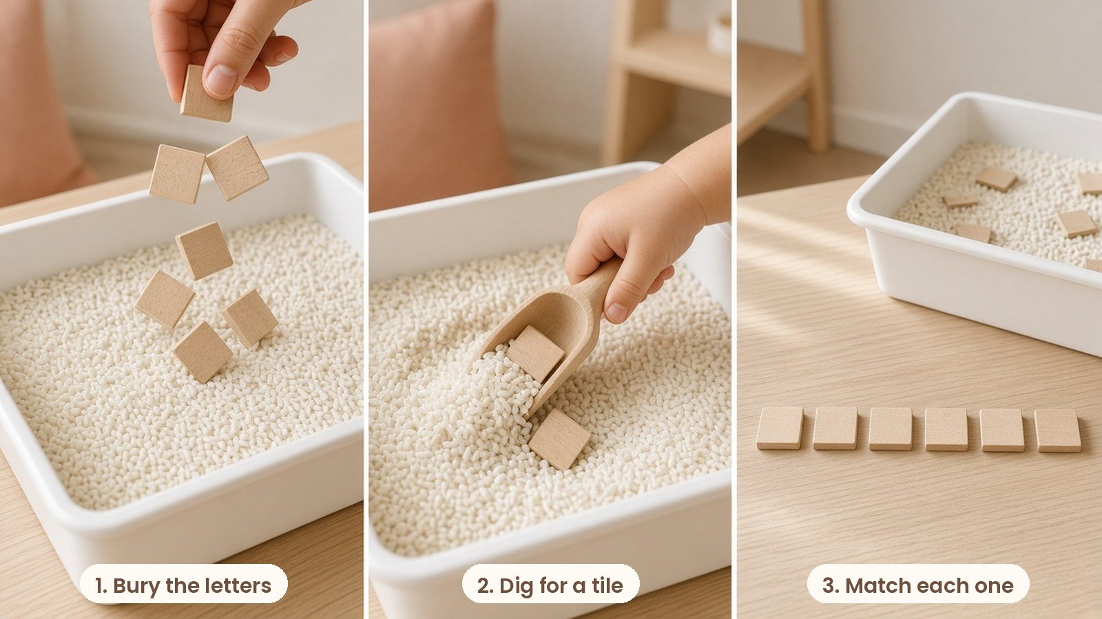 Step by step photos: Alphabet hunt sensory bin with plain rice, wooden letter tiles and a small scoop in a white tray