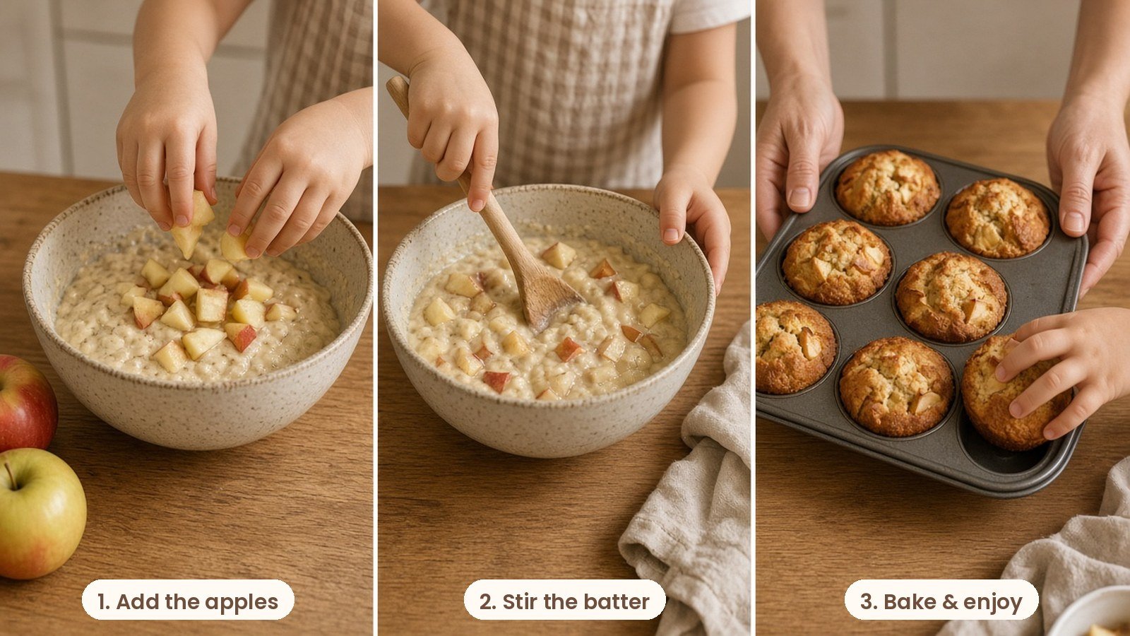 Step by step photos: Child's hands stirring muffin batter in a ceramic bowl with apples, measuring cups and a muffin tin on a wooden counter