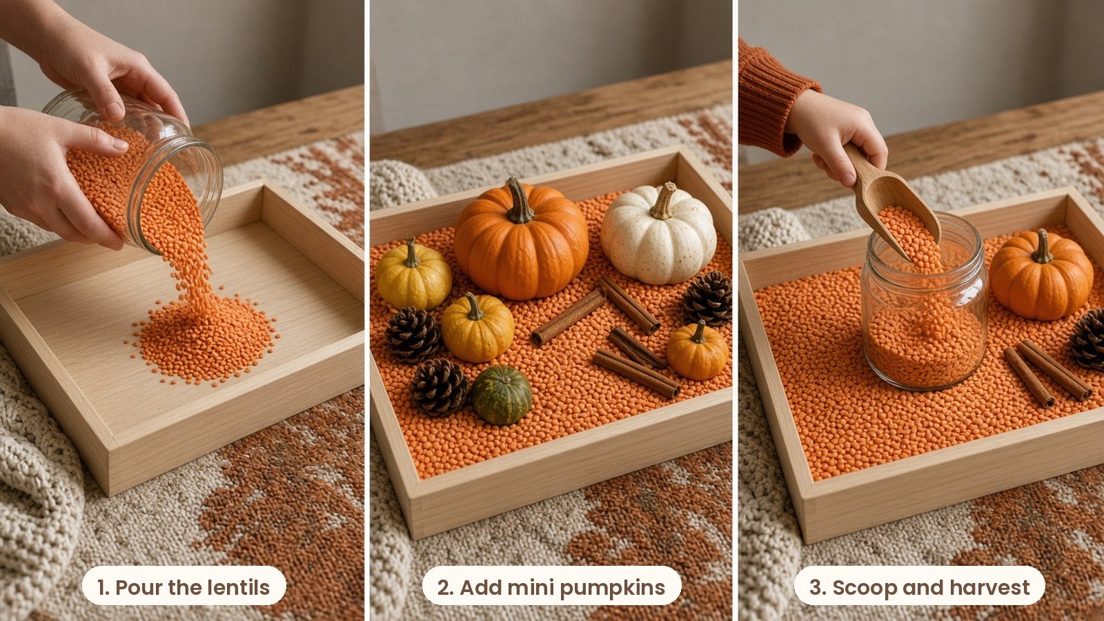 Step by step photos: Fall harvest sensory bin with red lentils, mini pumpkins, pinecones and wooden scoops in a light wood tray