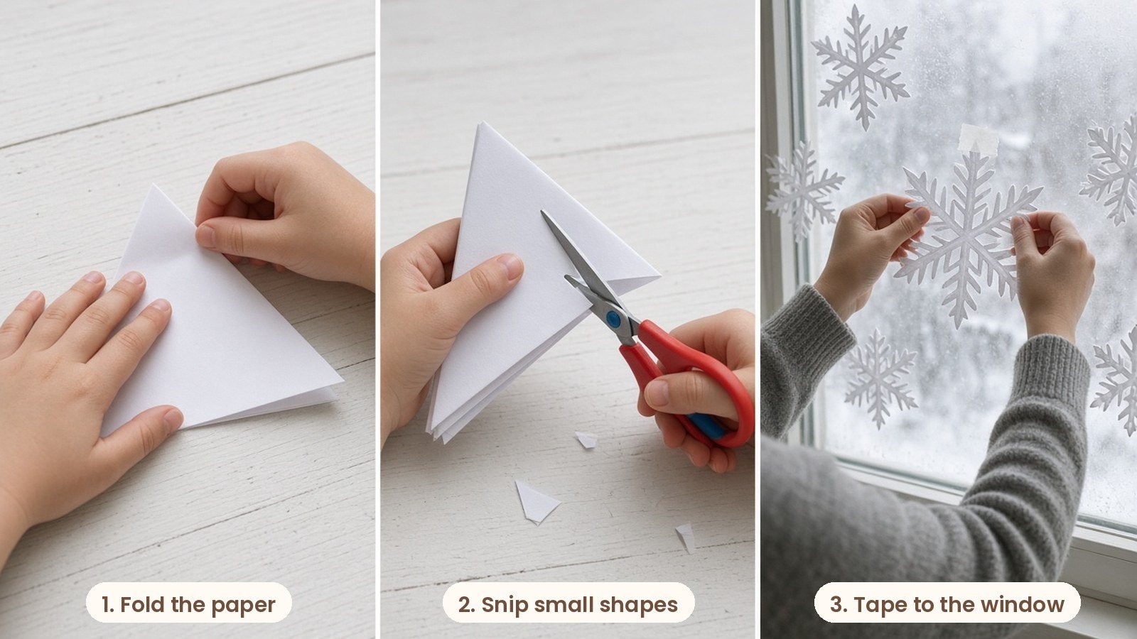 Step by step photos: White paper snowflakes taped to a frosty window with child safety scissors and folded paper on the sill