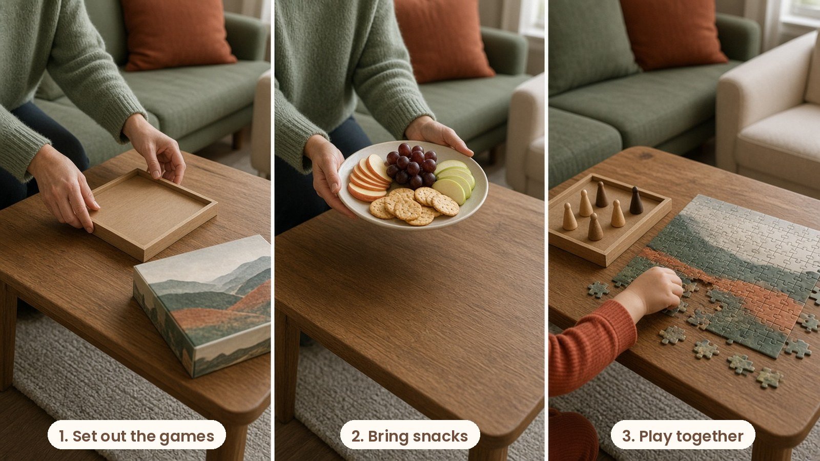 Step by step photos: Wooden floor puzzle and a simple family board game on a low table with a snack board of fruit and crackers