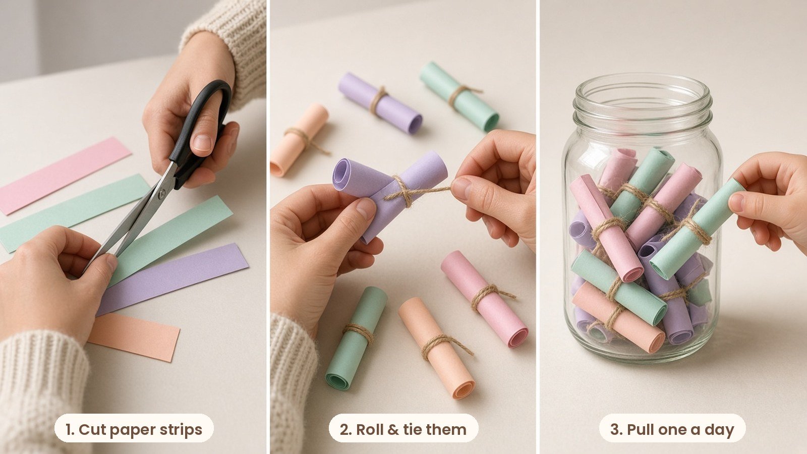 Step by step photos: Glass jar filled with rolled pastel paper activity slips next to a pencil and colorful paper strips on a cream desk