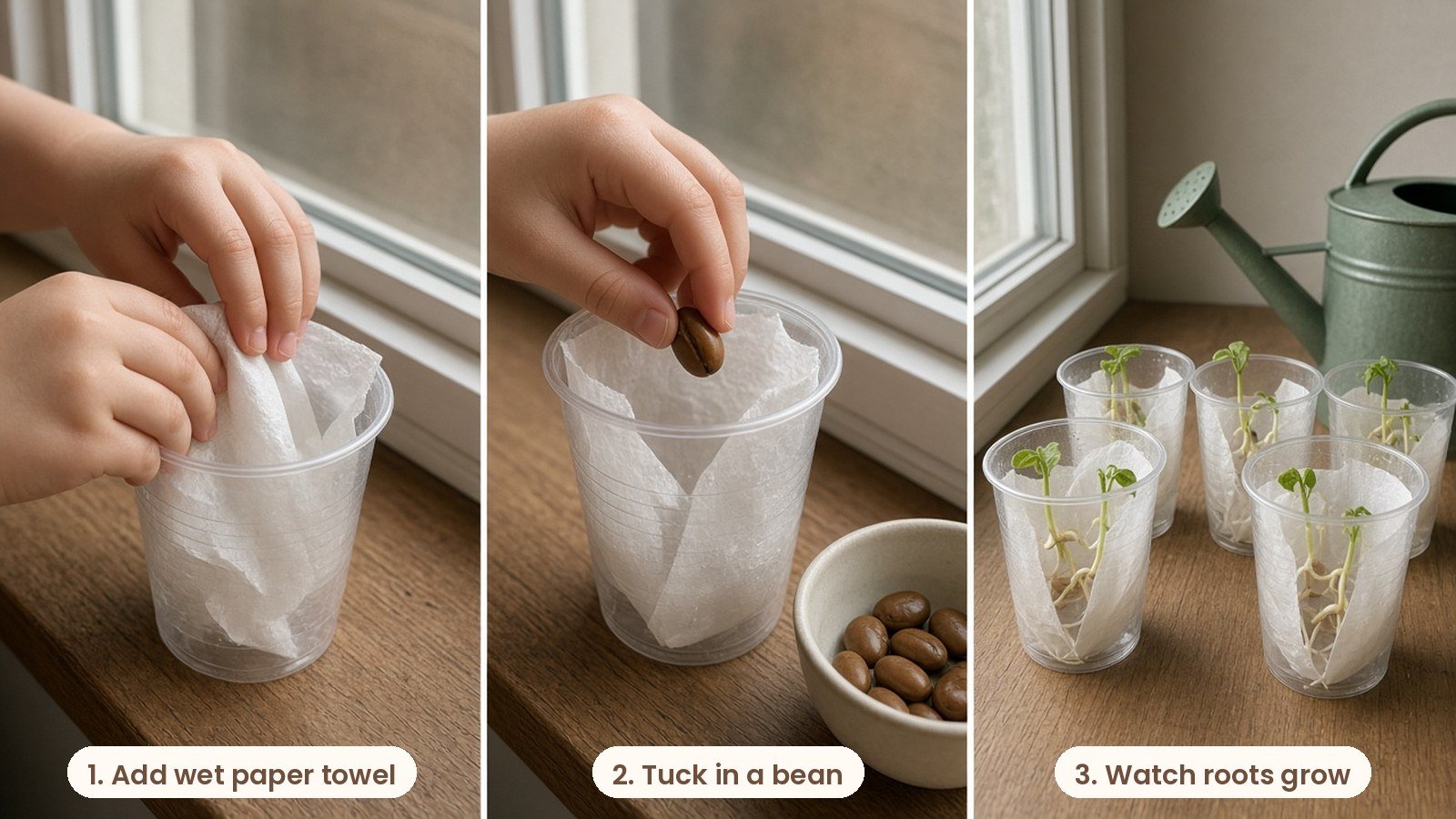 Step by step photos: Bean seeds sprouting with visible roots in clear plastic cups on a sunny windowsill beside a small watering can