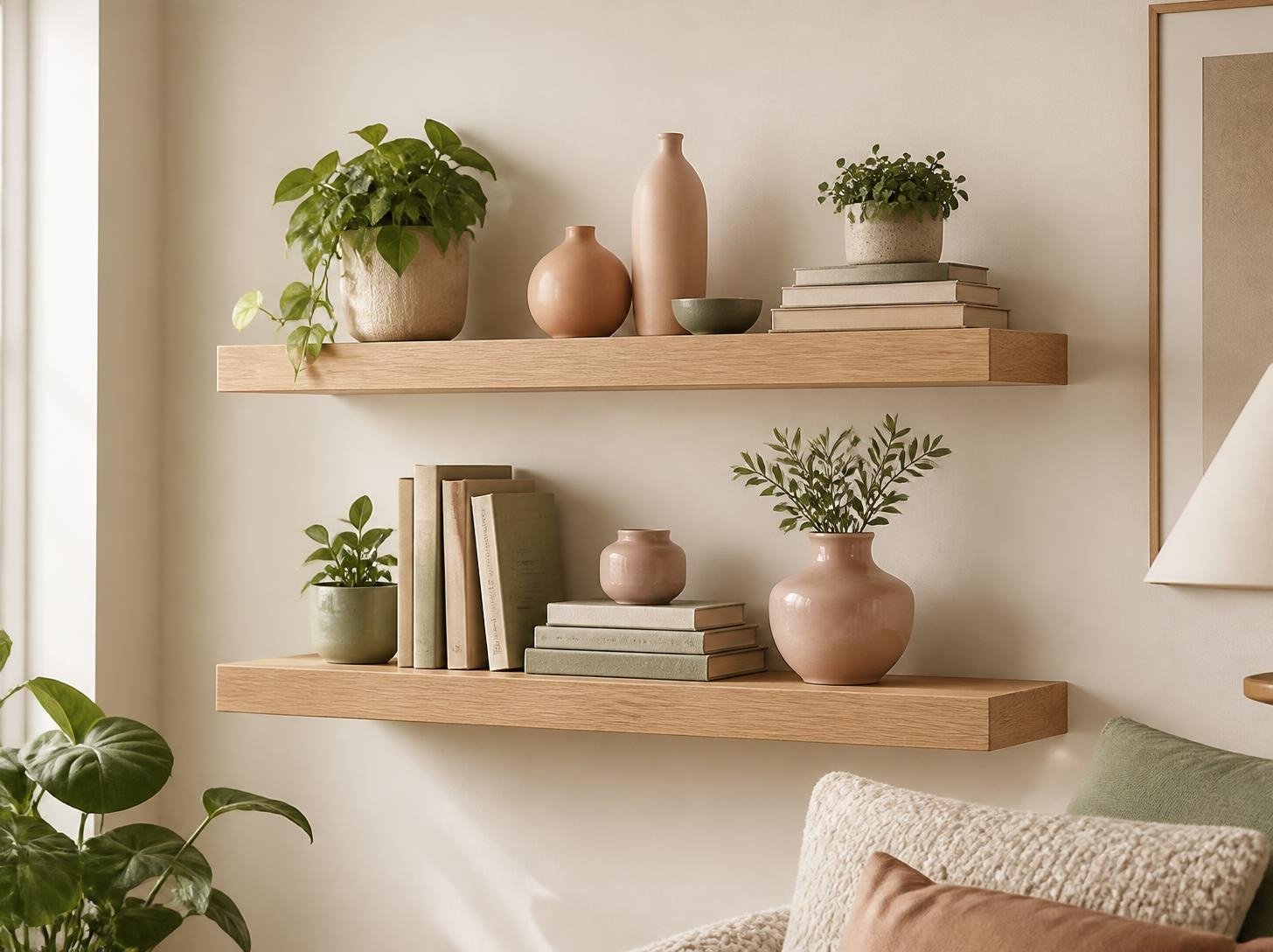 Two light wood floating shelves styled with small plants, books and ceramic vases on a cream wall