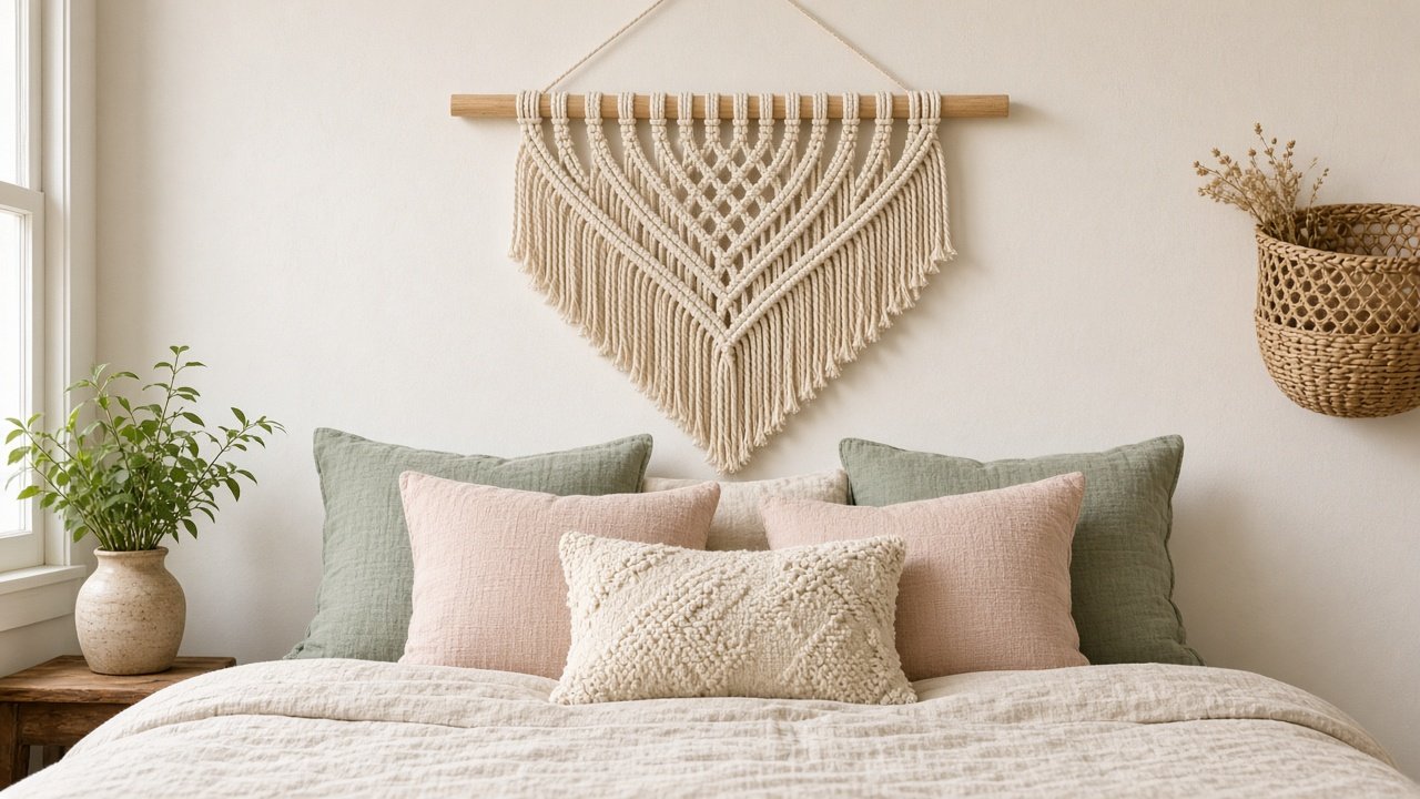Cream cotton macrame wall hanging on a wooden dowel above a cozy bed
