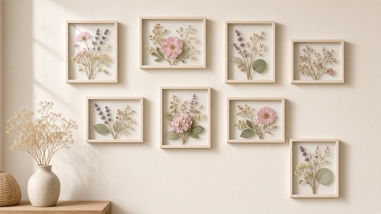 Gallery of glass frames holding pressed pink and white flowers on a soft cream wall
