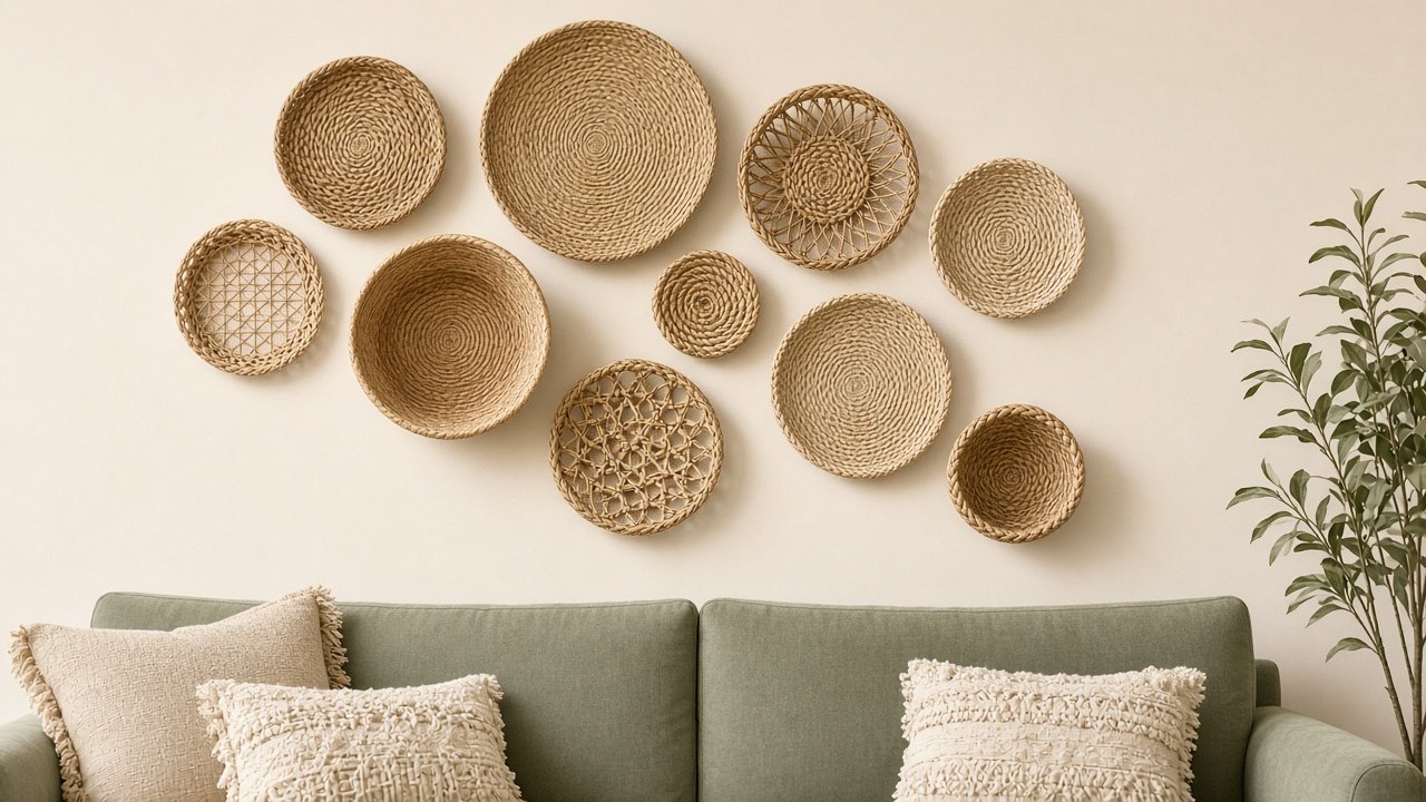 Cluster of round woven seagrass baskets arranged on a cream wall in natural light