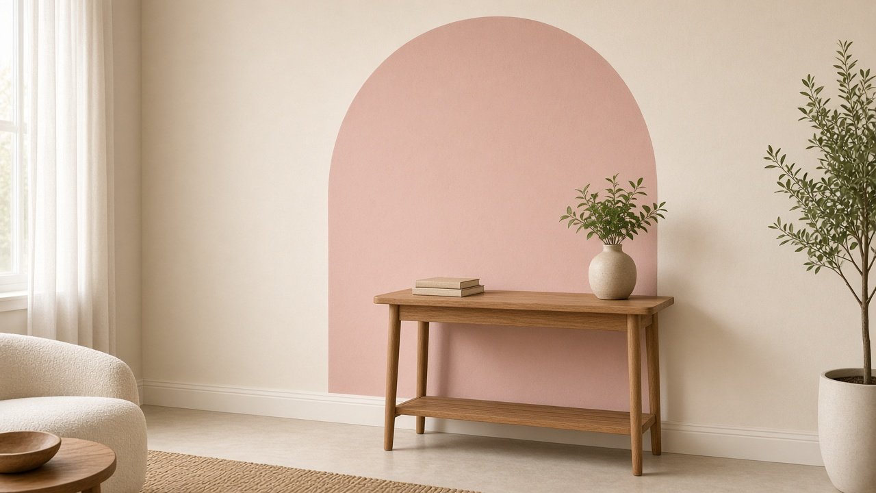 Blush pink painted arch on a cream wall behind a small wooden desk with a plant