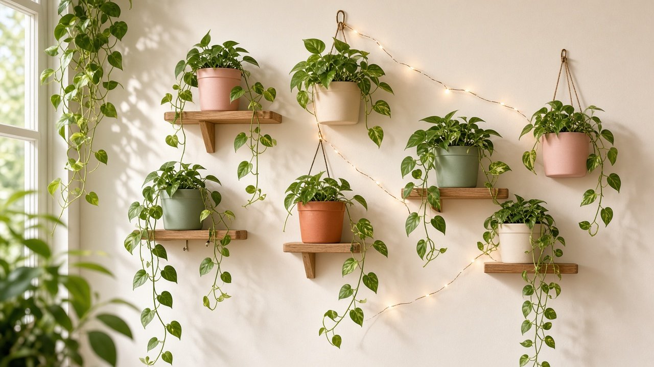 Pastel pots with trailing pothos on small wooden ledges and hanging hooks on a cream wall with fairy lights