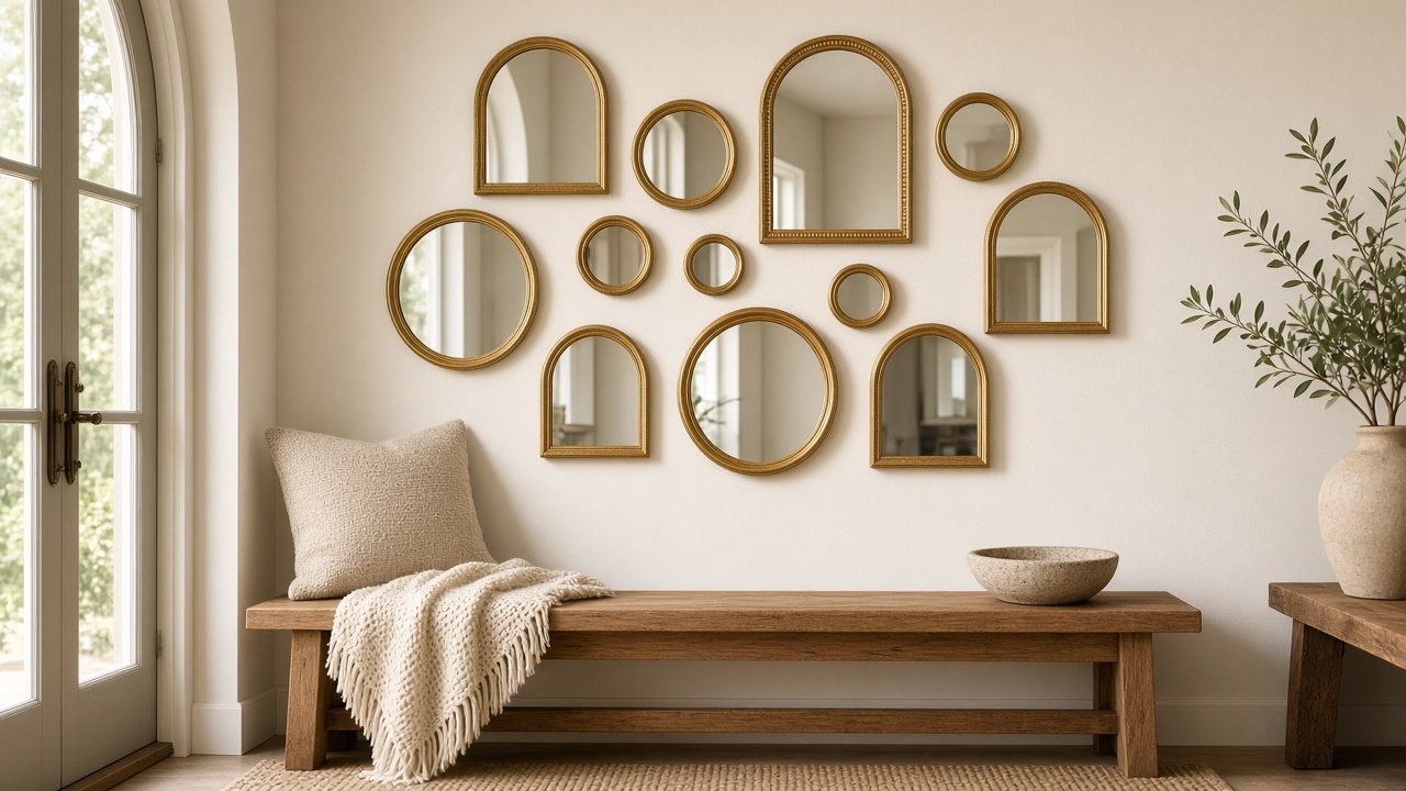 Cluster of small round gold and rattan mirrors on a cream hallway wall reflecting soft light