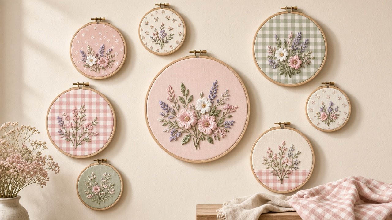 Embroidery hoops with sage, blush and floral fabrics arranged on a nursery wall