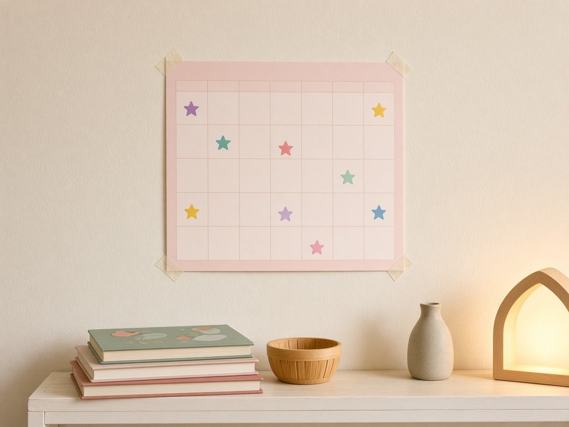 Kids chore and reading 2027 calendar idea on a low wall with star stickers, a small book stack and a warm night light