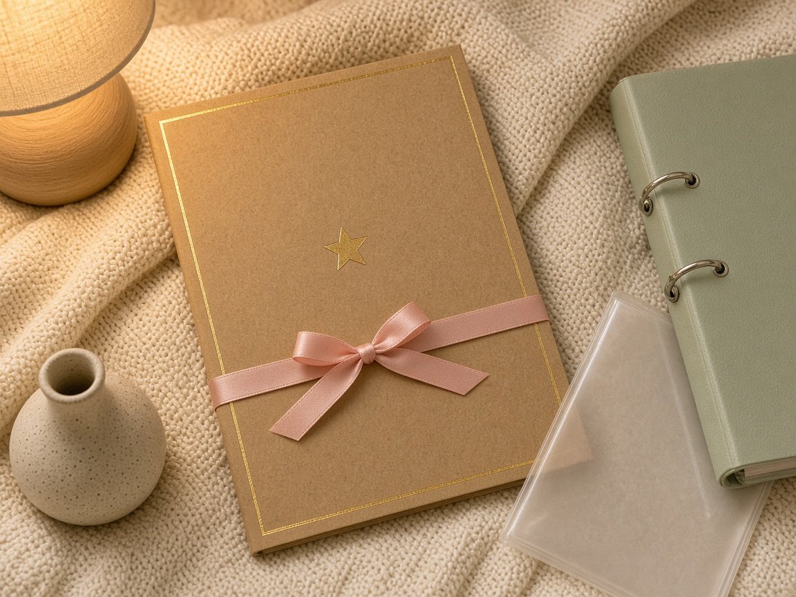 Kraft paper 2027 calendar cover with a thin gold border, a small gold star and a blush ribbon, next to a laminating pouch and binder