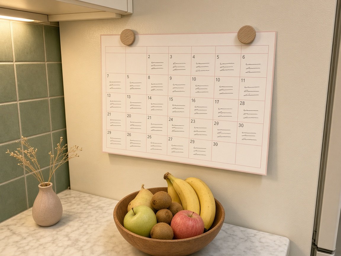 Family meal plan 2027 calendar idea on a kitchen fridge with magnets, a fruit bowl and warm under-cabinet lights