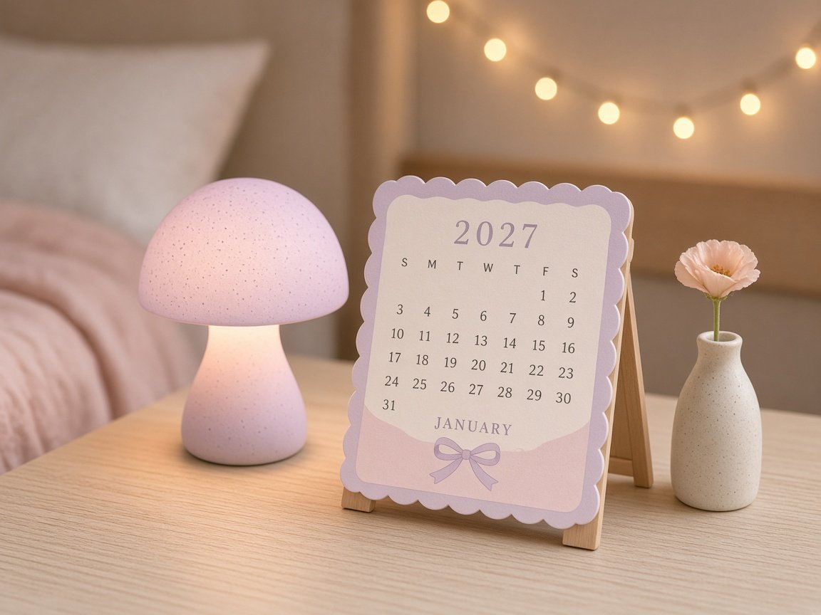 Tiny scalloped-edge lilac and blush 2027 mini desk calendar on a wooden easel on a bedside table, beside a pastel mushroom lamp and a bud vase