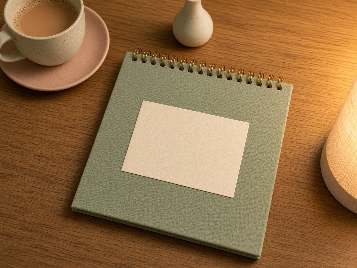 Spiral-bound 2027 calendar with a minimal sage green linen cover and a blank cream label, on a wooden desk with chai and a lamp