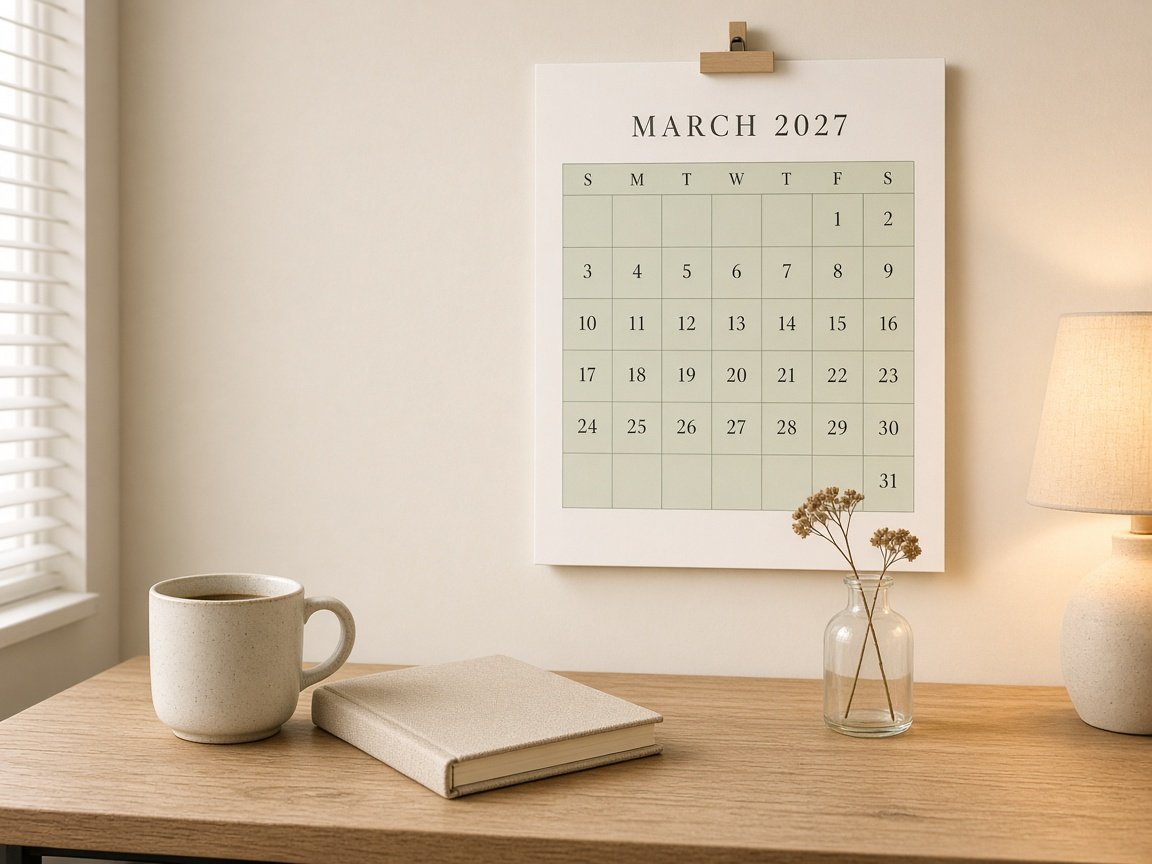 Minimal 2027 calendar design with a sage green grid clipped to a cream wall above a wooden desk