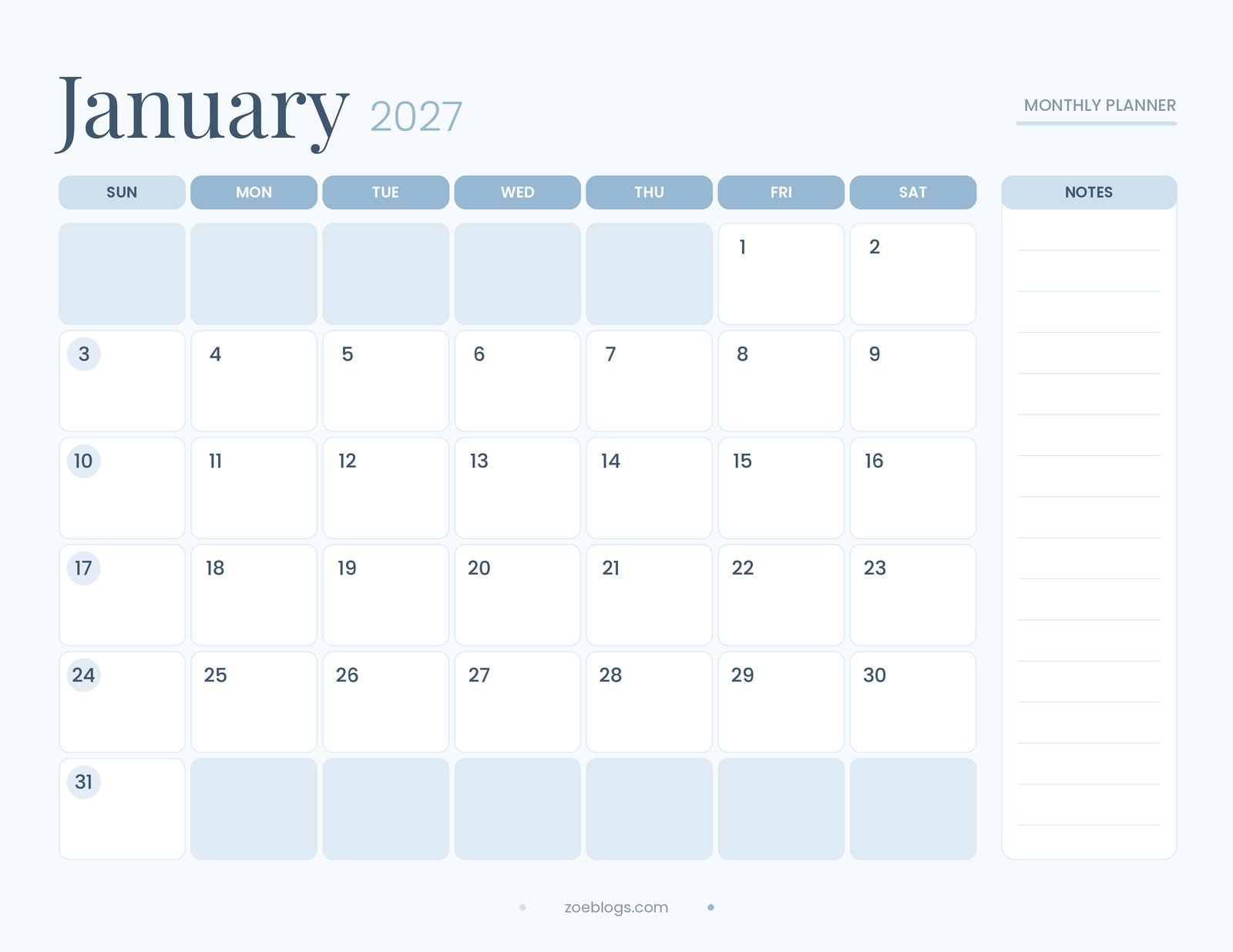 January 2027 printable calendar page in a soft sky blue pastel theme with large date boxes and a notes column