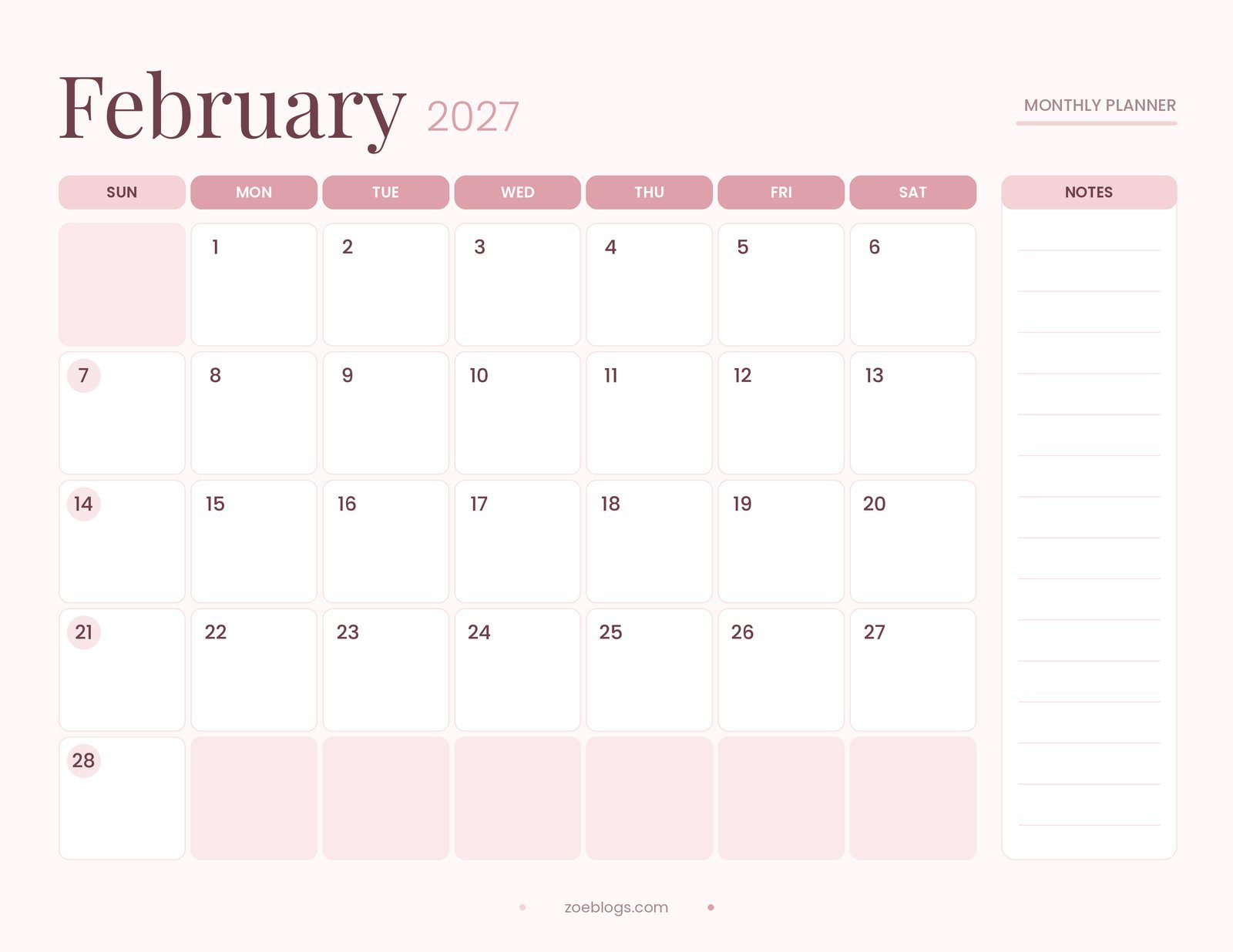 February 2027 printable calendar page in a sweet blush pink pastel theme with large date boxes and a notes column