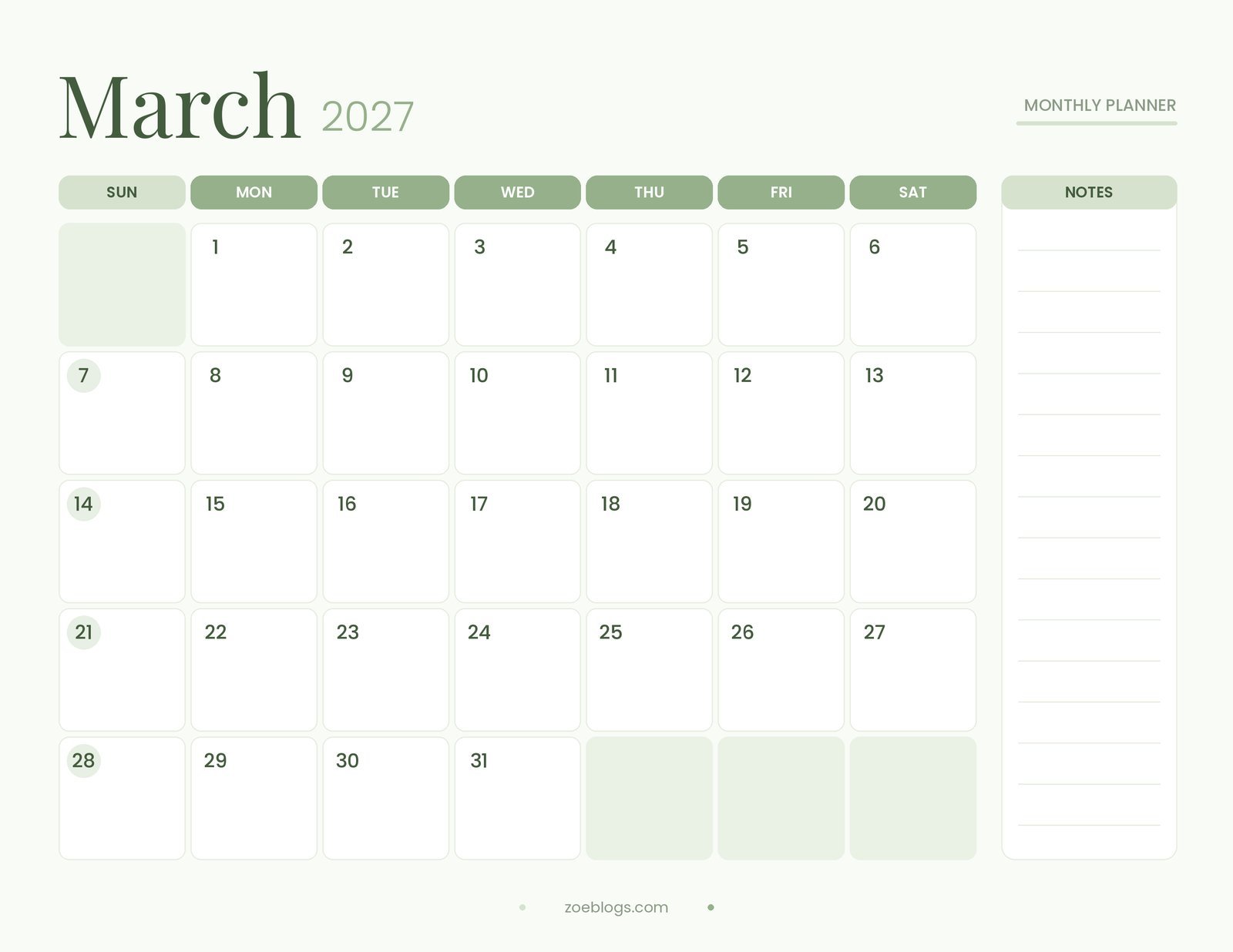 March 2027 printable calendar page in a fresh sage green pastel theme with large date boxes and a notes column