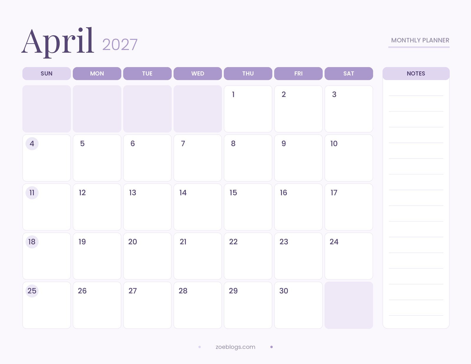 April 2027 printable calendar page in a dreamy lavender pastel theme with large date boxes and a notes column