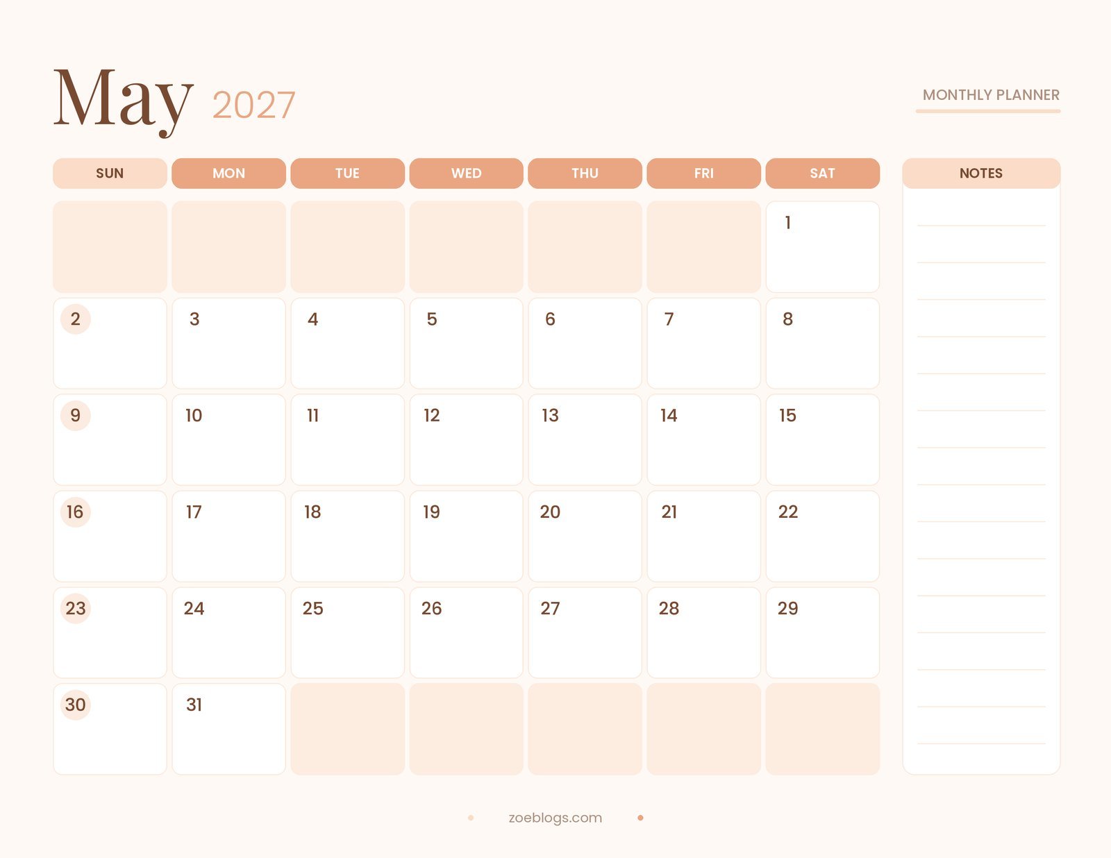 May 2027 printable calendar page in a warm peach pastel theme with large date boxes and a notes column