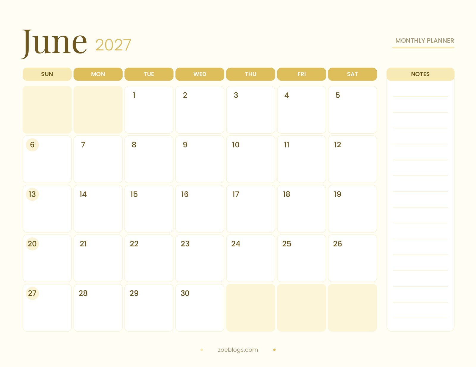 June 2027 printable calendar page in a butter yellow pastel theme with large date boxes and a notes column