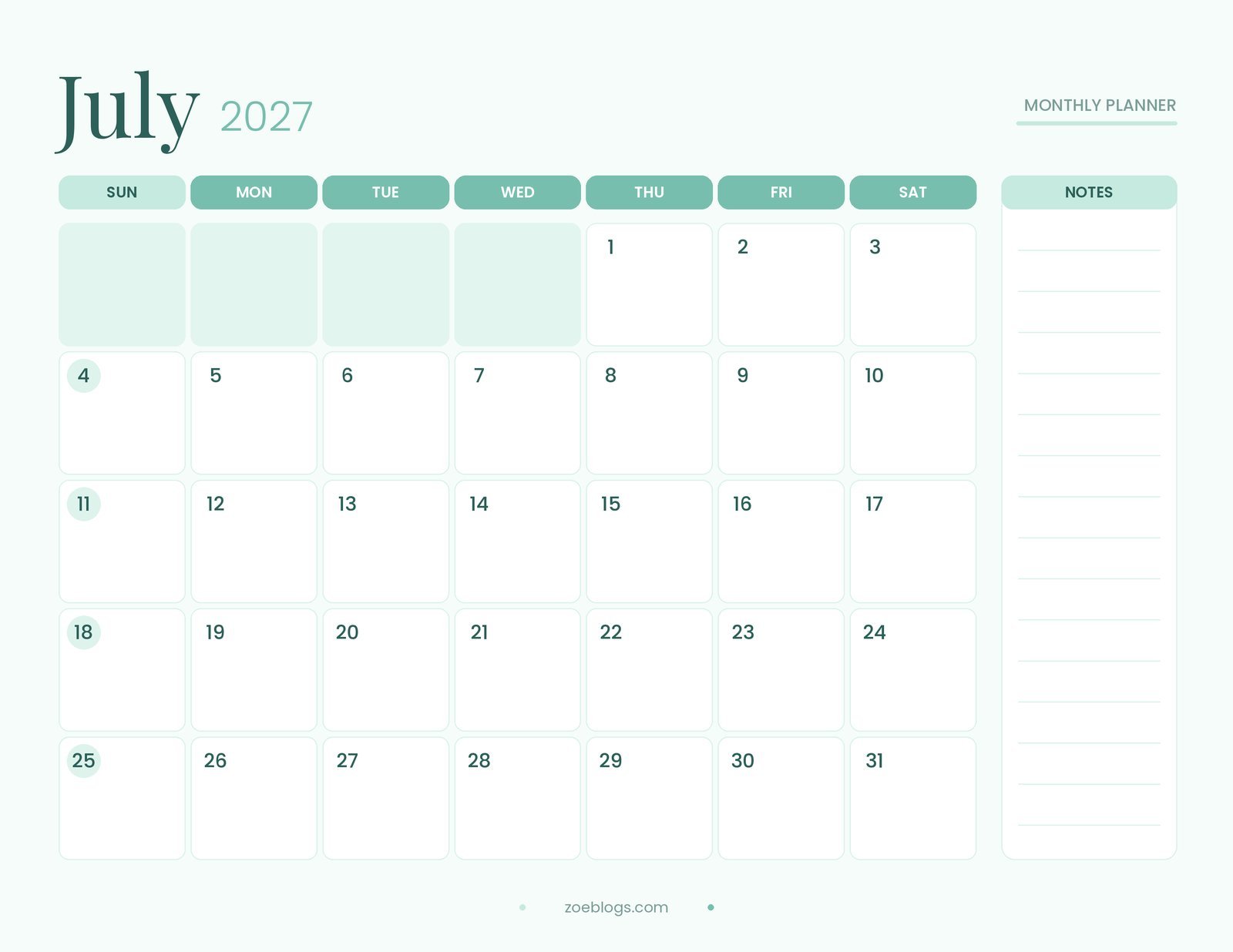 July 2027 printable calendar page in a cool mint pastel theme with large date boxes and a notes column
