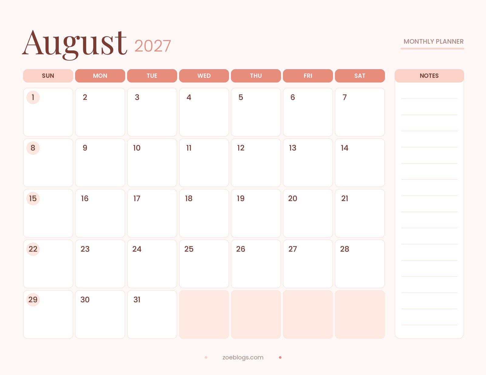 August 2027 printable calendar page in a pretty coral pastel theme with large date boxes and a notes column