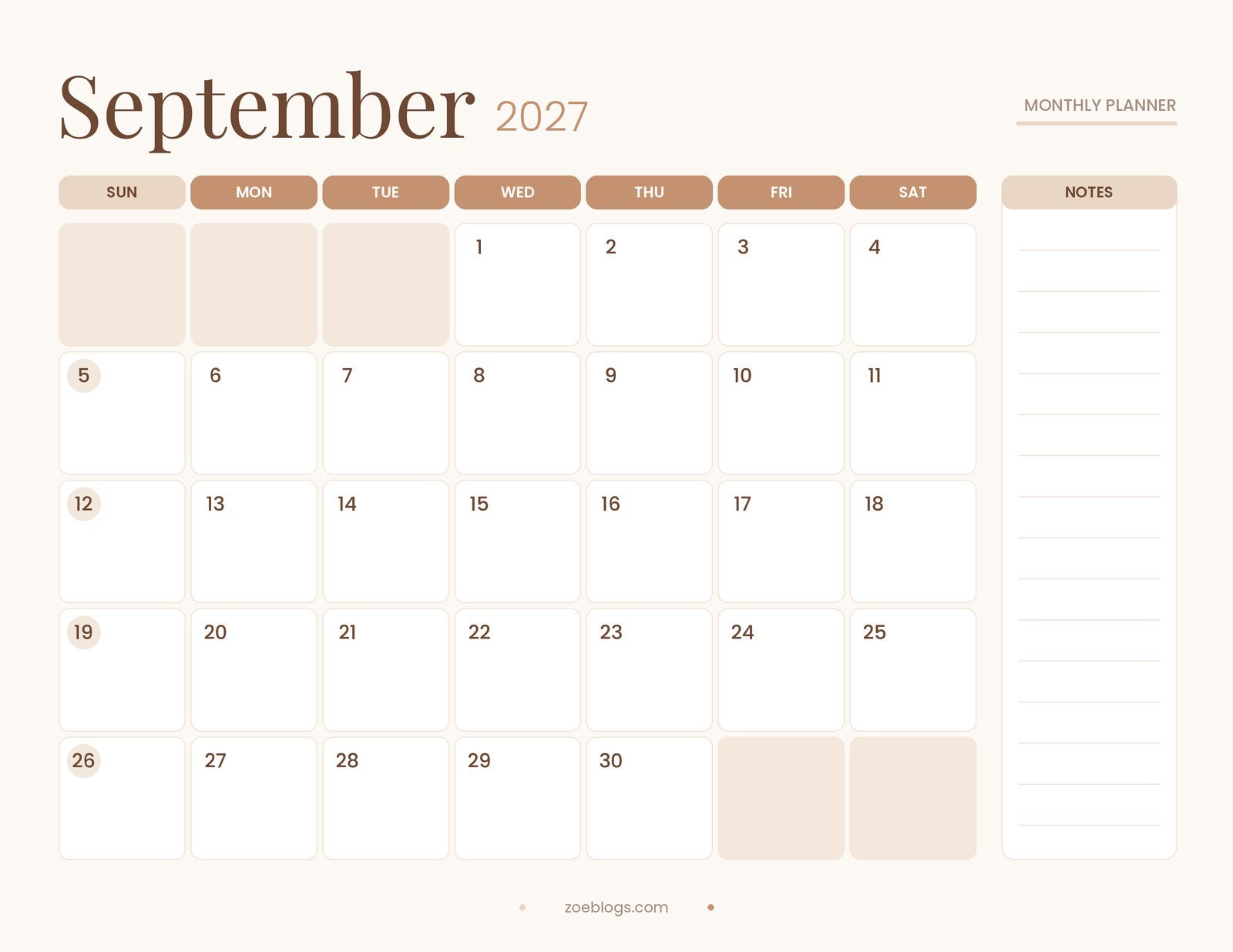 September 2027 printable calendar page in a soft latte beige pastel theme with large date boxes and a notes column