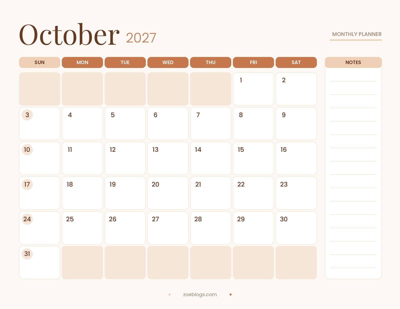 October 2027 printable calendar page in a warm terracotta pastel theme with large date boxes and a notes column