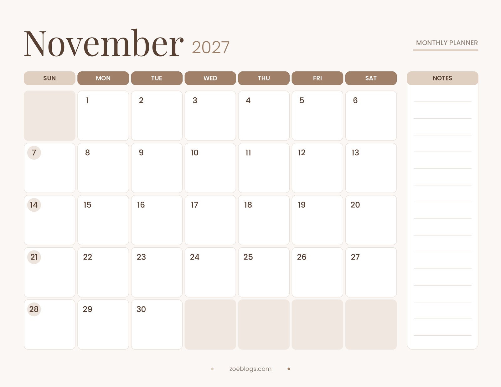 November 2027 printable calendar page in a mocha taupe pastel theme with large date boxes and a notes column