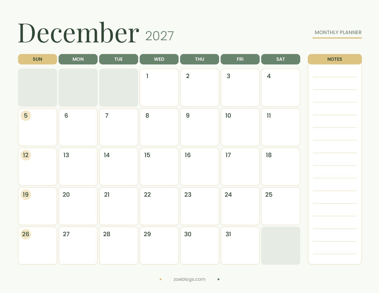 December 2027 printable calendar page in a evergreen with soft gold pastel theme with large date boxes and a notes column