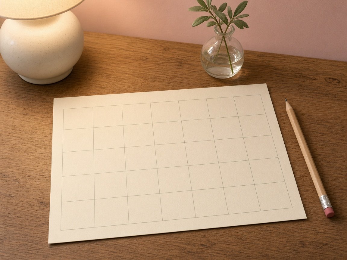 Monthly grid 2027 calendar template printed on cream paper on a wooden desk with a pencil and warm lamp glow