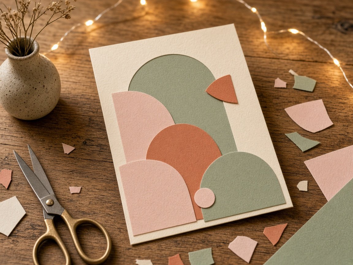 Handmade 2027 calendar cover with cut-paper arches in blush, terracotta and sage on cream cardstock, with scissors and paper scraps