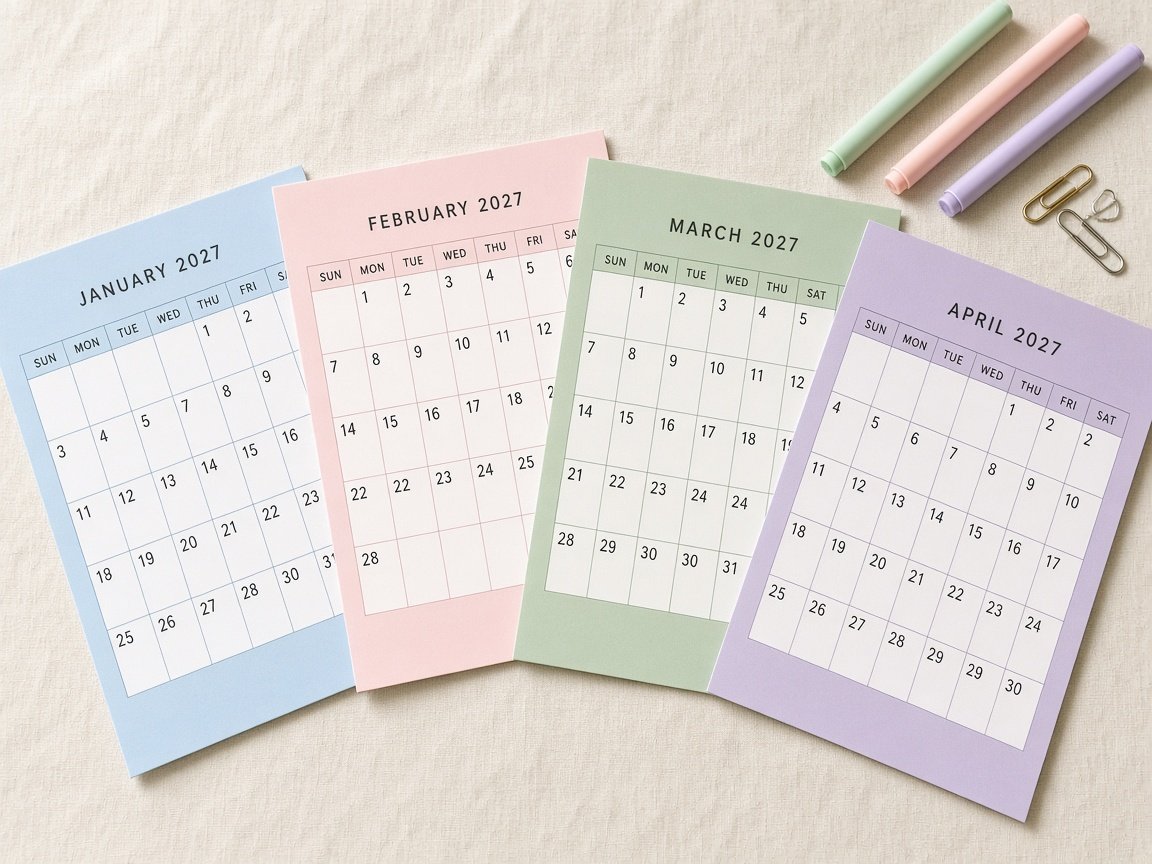 Four 2027 calendar pages in pastel blue, pink, sage and lavender color-block designs