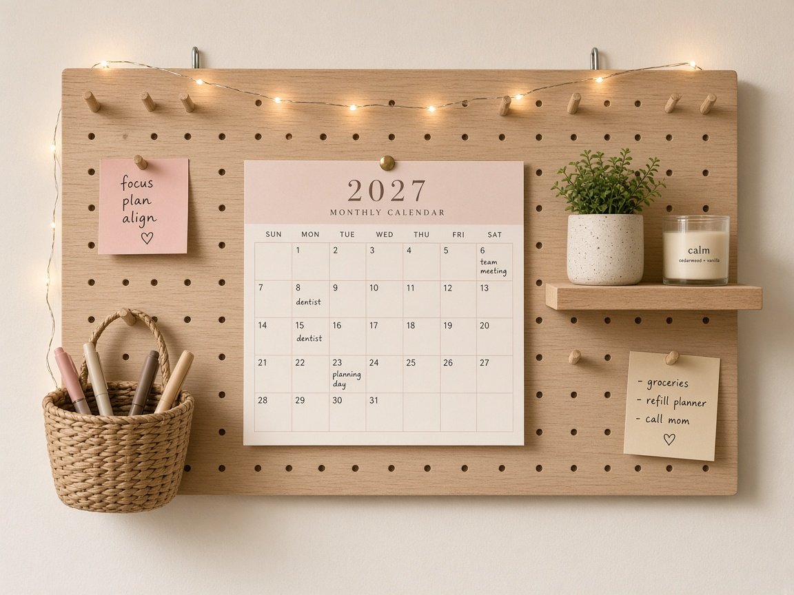 Aesthetic 2027 calendar pinned to a light wood pegboard with a small shelf, plant, candle, sticky notes, pen basket and string lights