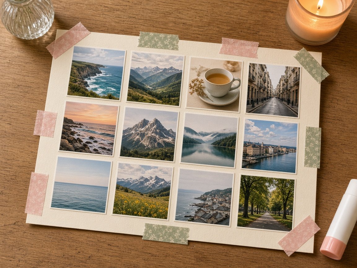 2027 calendar cover made from a grid of small printed travel and landscape photos taped with blush and sage washi tape