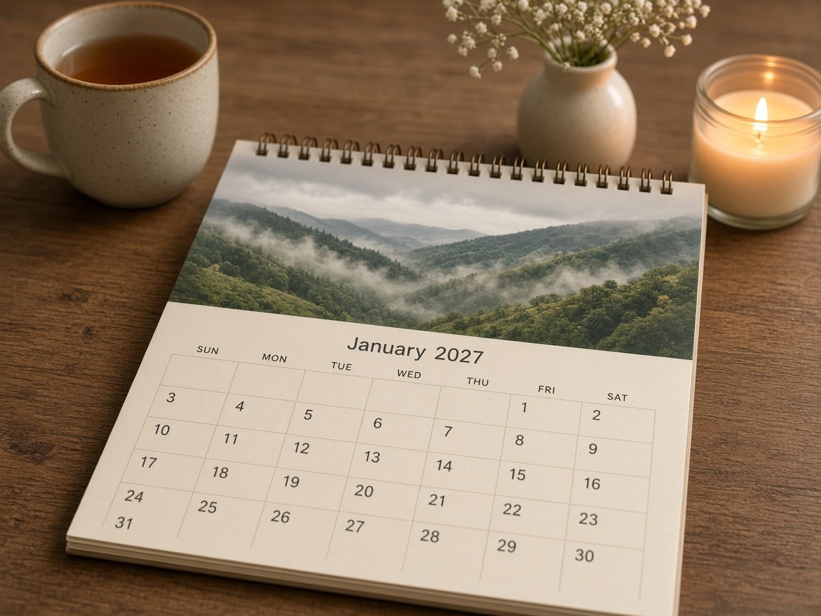 Spiral-bound January 2027 calendar with a misty green hillside photo on the top half and a cream date grid below, beside tea and a candle