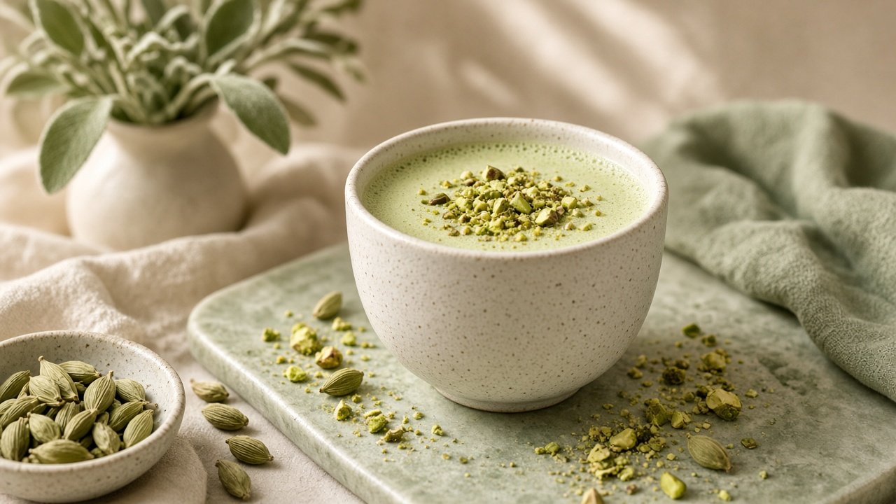 pale green pistachio cardamom milk in a brass cup, crushed pistachios, cardamom pods, warm light