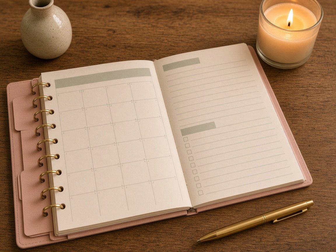 Planner-style 2027 calendar template in a ring binder with a monthly grid, notes column and to-do list next to a candle