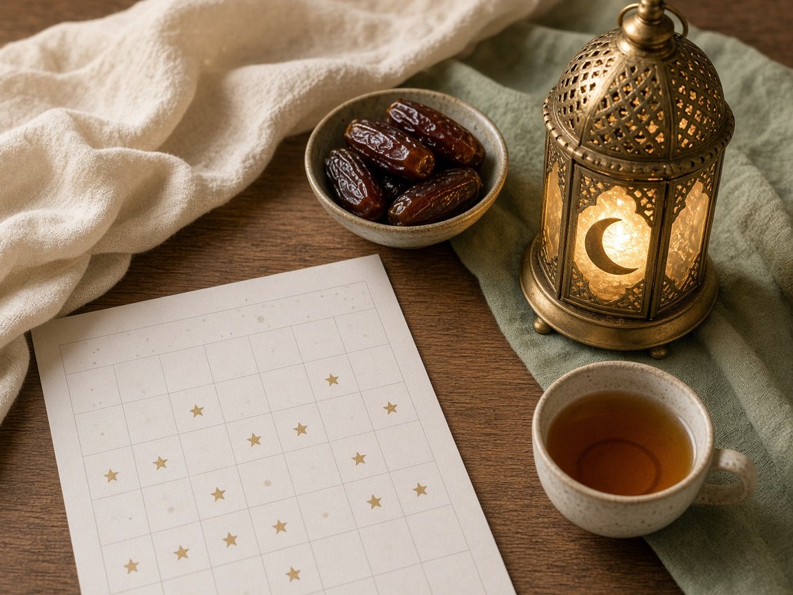 Ramadan and Eid family events 2027 calendar idea on a table with a glowing lantern, bowl of dates and tea