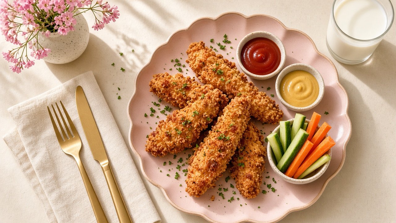 Golden baked halal chicken tenders on a pink kids plate with ketchup and cucumber sticks