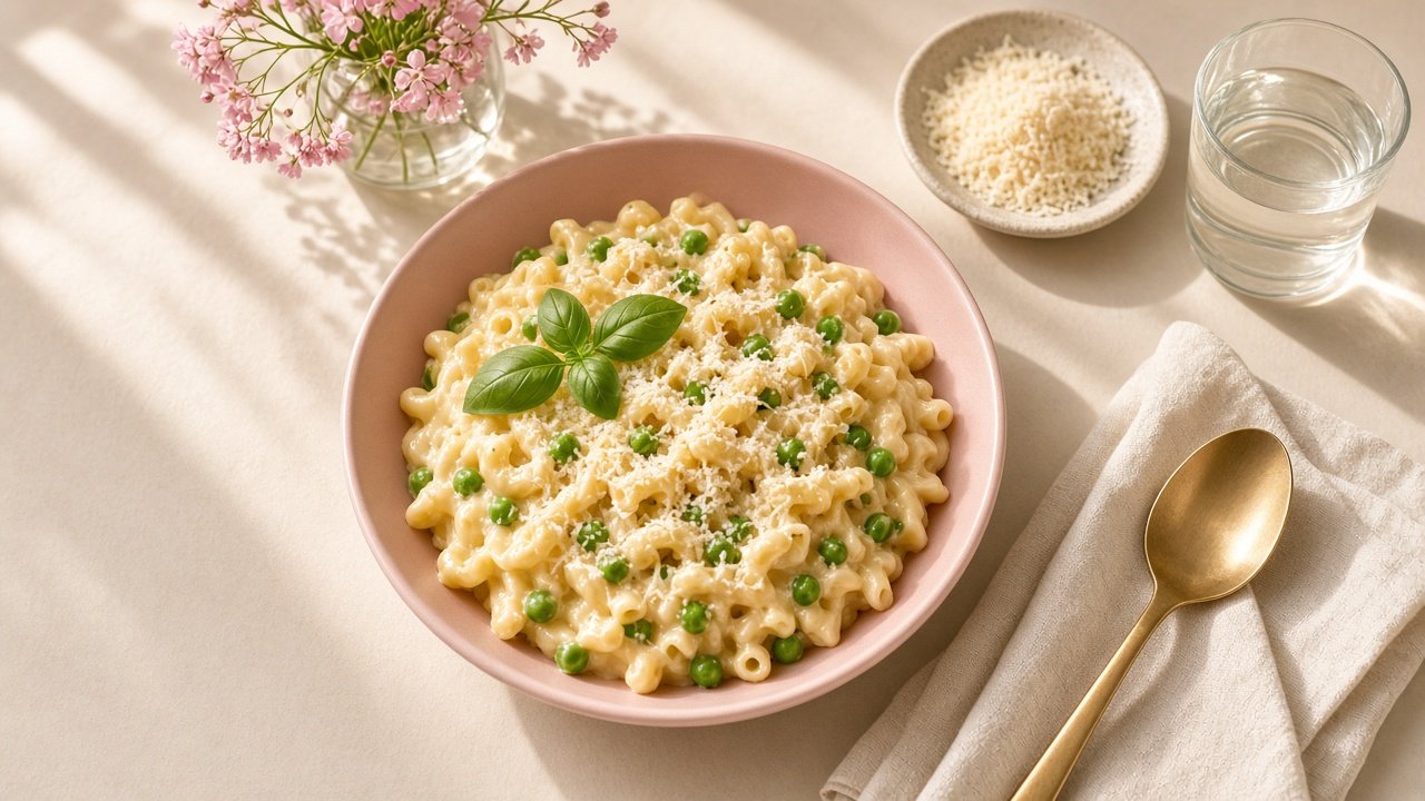 Creamy cheesy macaroni pasta with peas in a pastel pink kids bowl