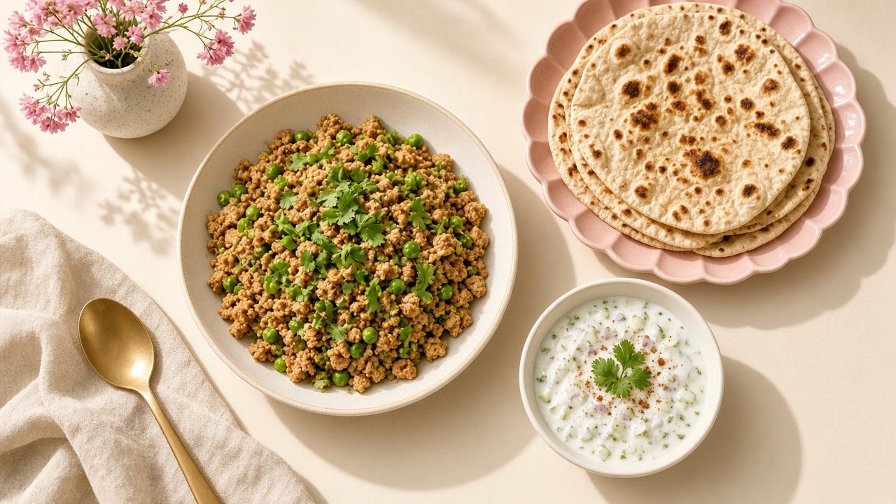 Mild halal chicken keema with peas beside soft round rotis on a pink plate