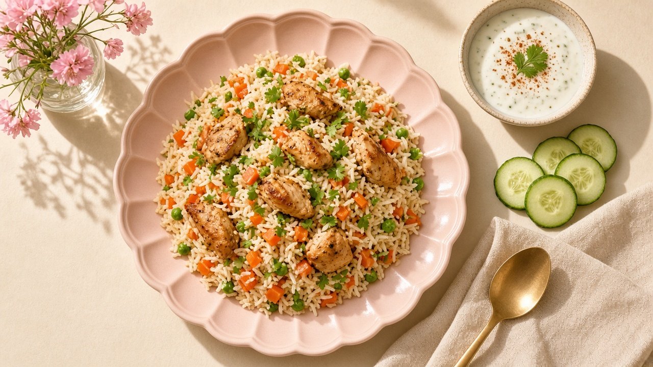 Fluffy mild halal chicken pulao with carrots and peas on a pastel pink plate with raita