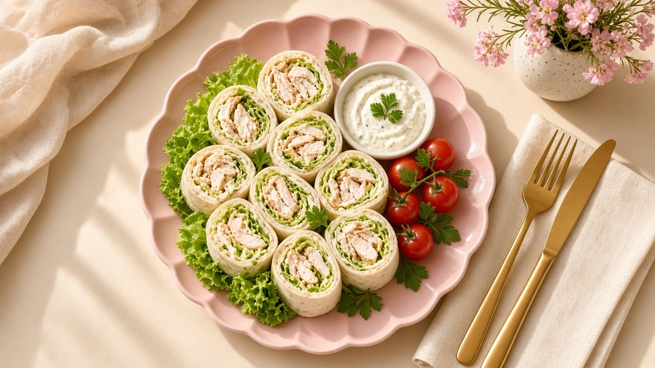 Halal chicken and cheese tortilla pinwheels on a blush pink plate with cherry tomatoes