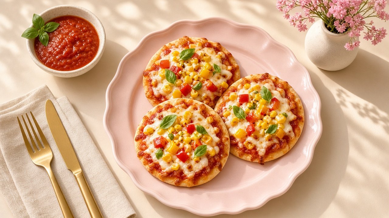 Mini pita bread pizzas with melted cheese, corn and peppers on a pastel pink plate
