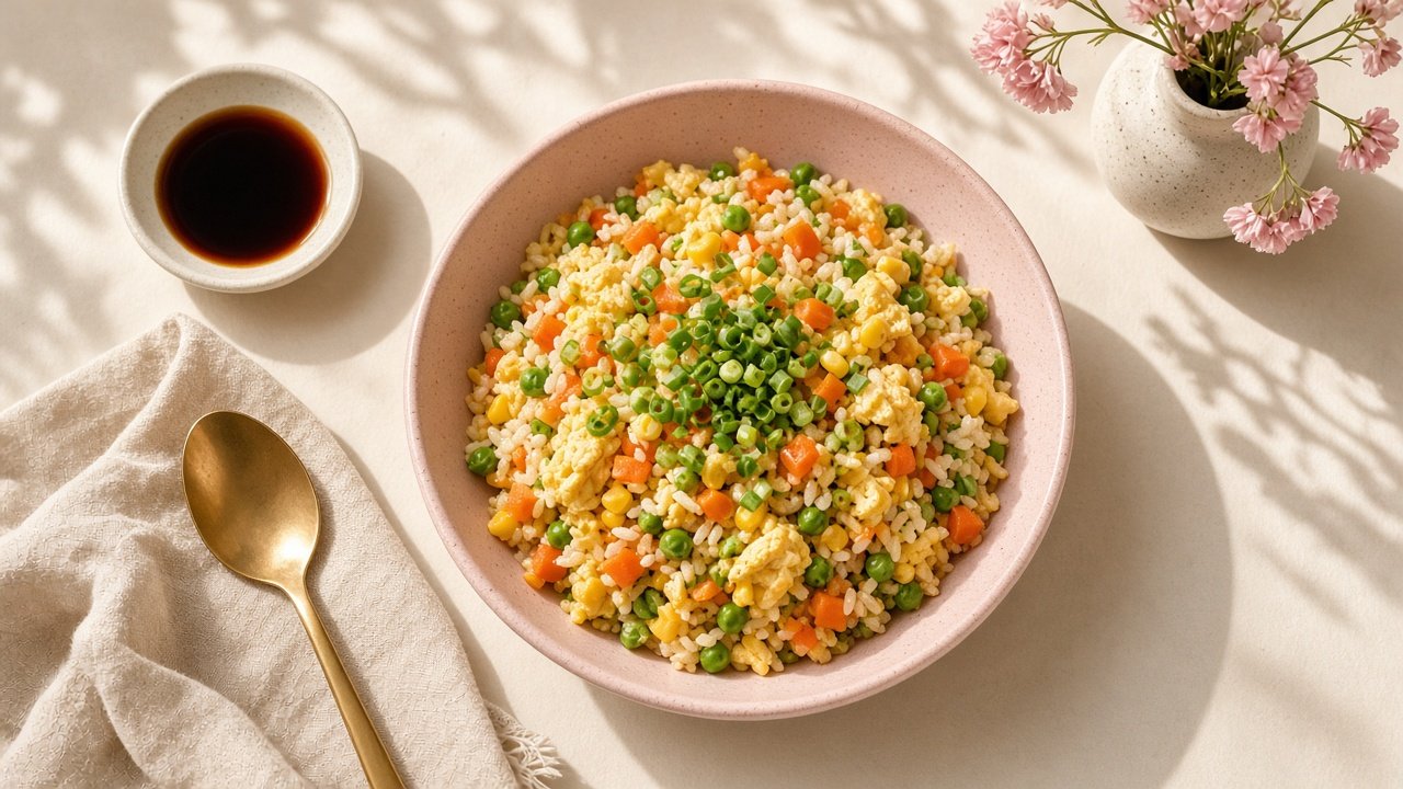 Colorful vegetable egg fried rice with carrots, peas and corn in a pink kids bowl