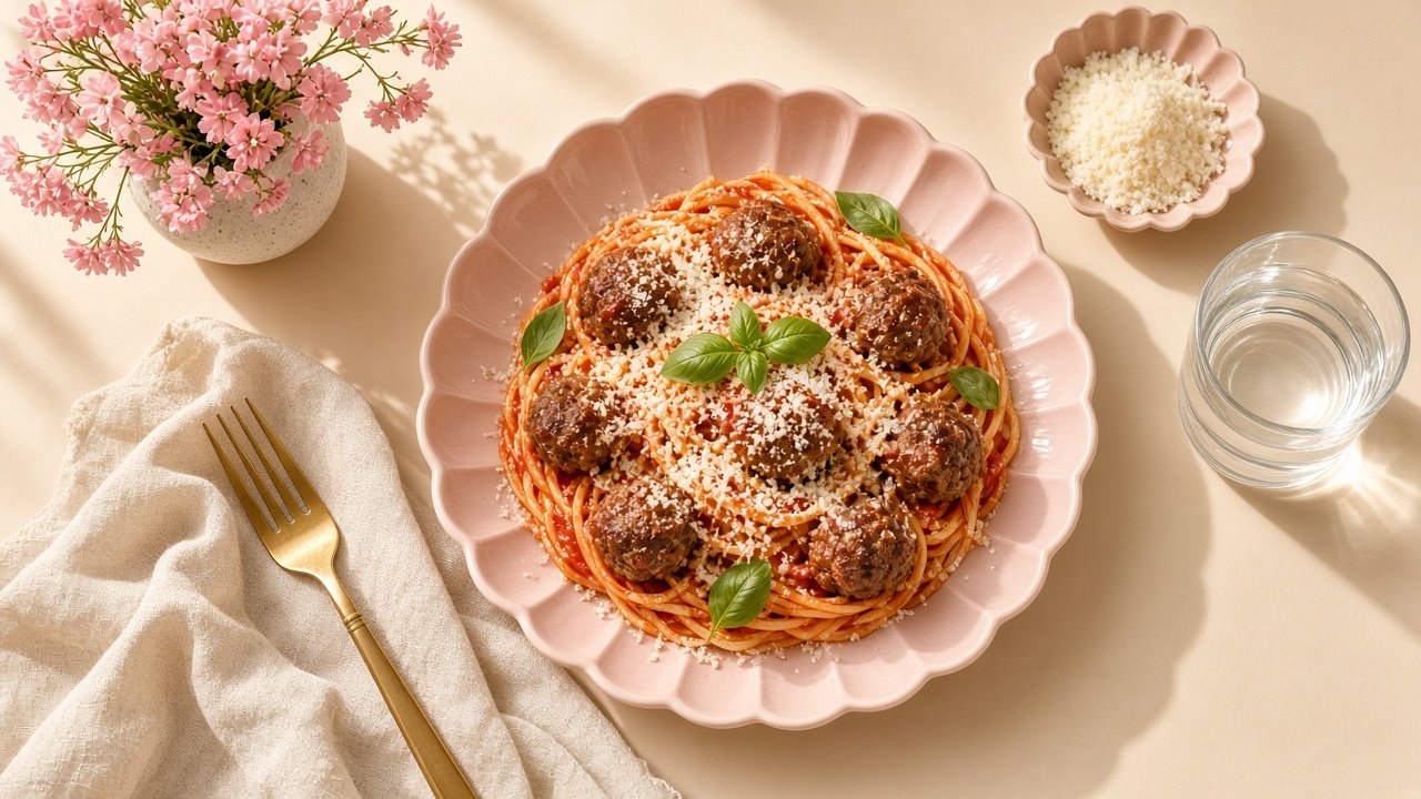 Spaghetti with small halal beef meatballs in mild tomato sauce in a pastel pink bowl
